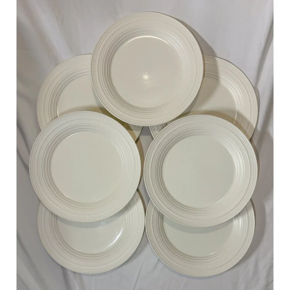 Mikasa Swirl White 10.75” Dinner Plates – Set of 7 – Stoneware – Modern Ribbed